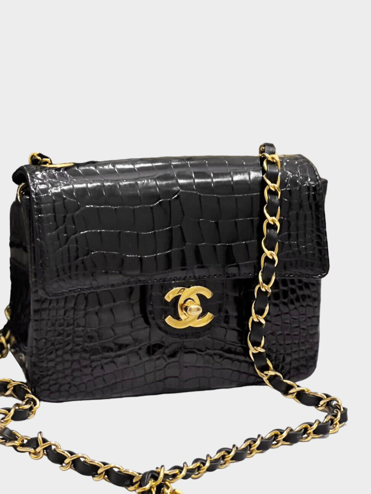 Chanel 1986-1988 Black Exotic Vintage Crocodile Mini Square Classic Flap Bag