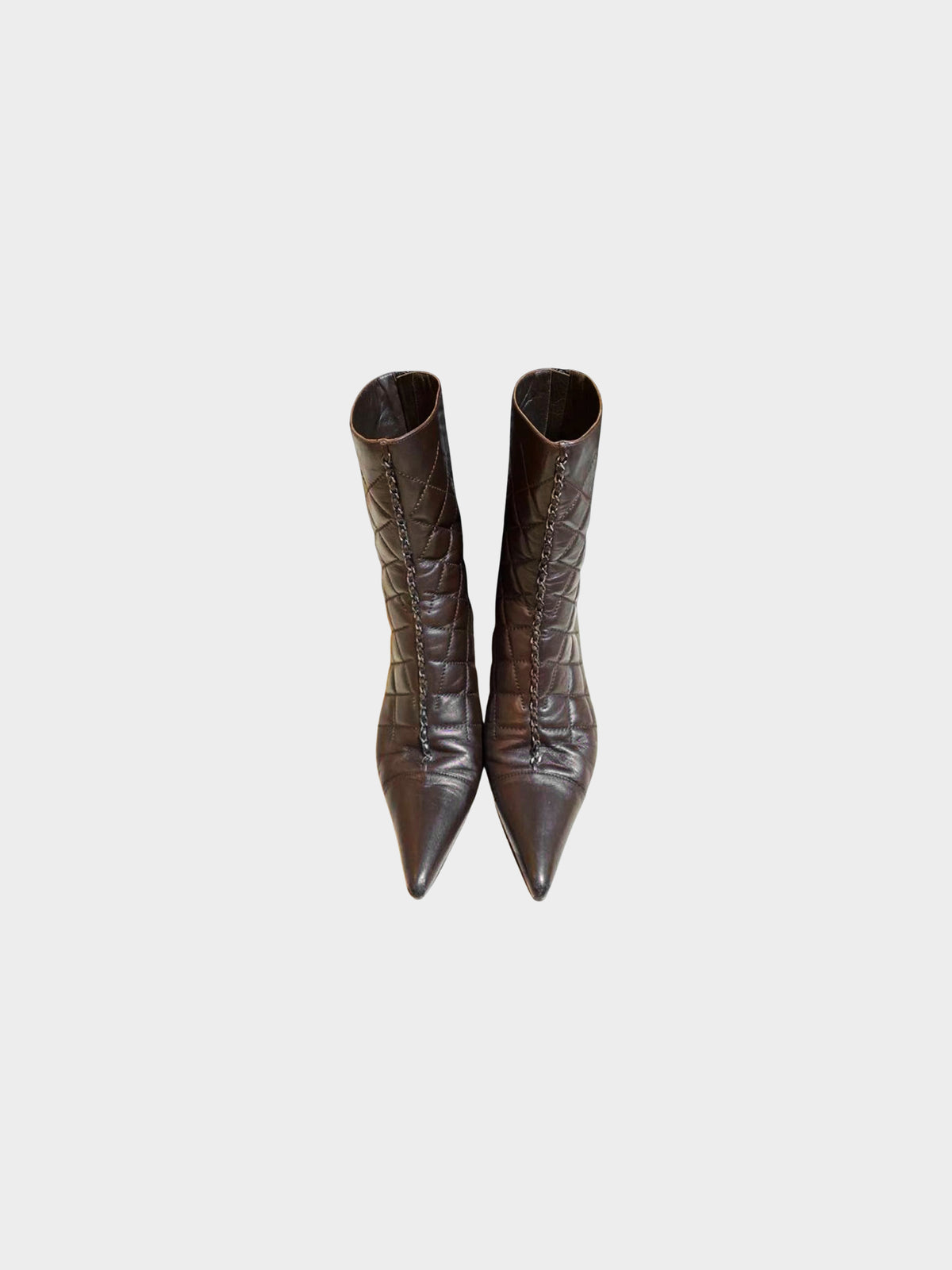 Chanel by Karl Lagerfeld 2004 Brown Leather Quilted Chain Detail Pointed Short Boots