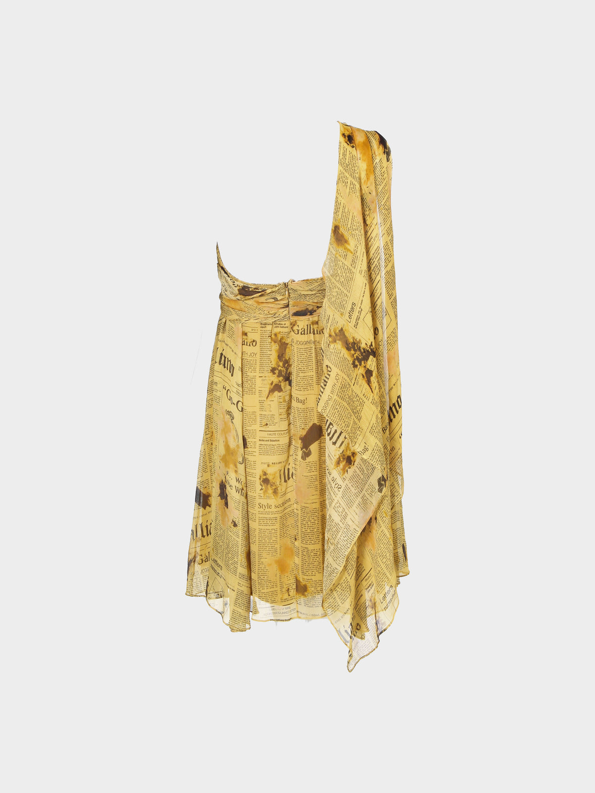 John Galliano 2000s Yellow Gazette Newspaper Print Silk Bustier Dress
