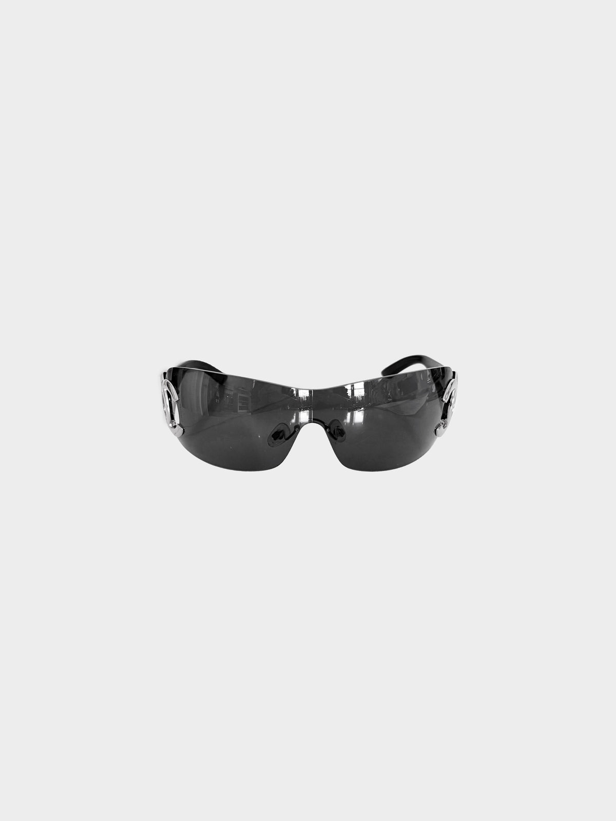 Chanel 1990s Black and Silver CC Rimless Shield Sunglasses