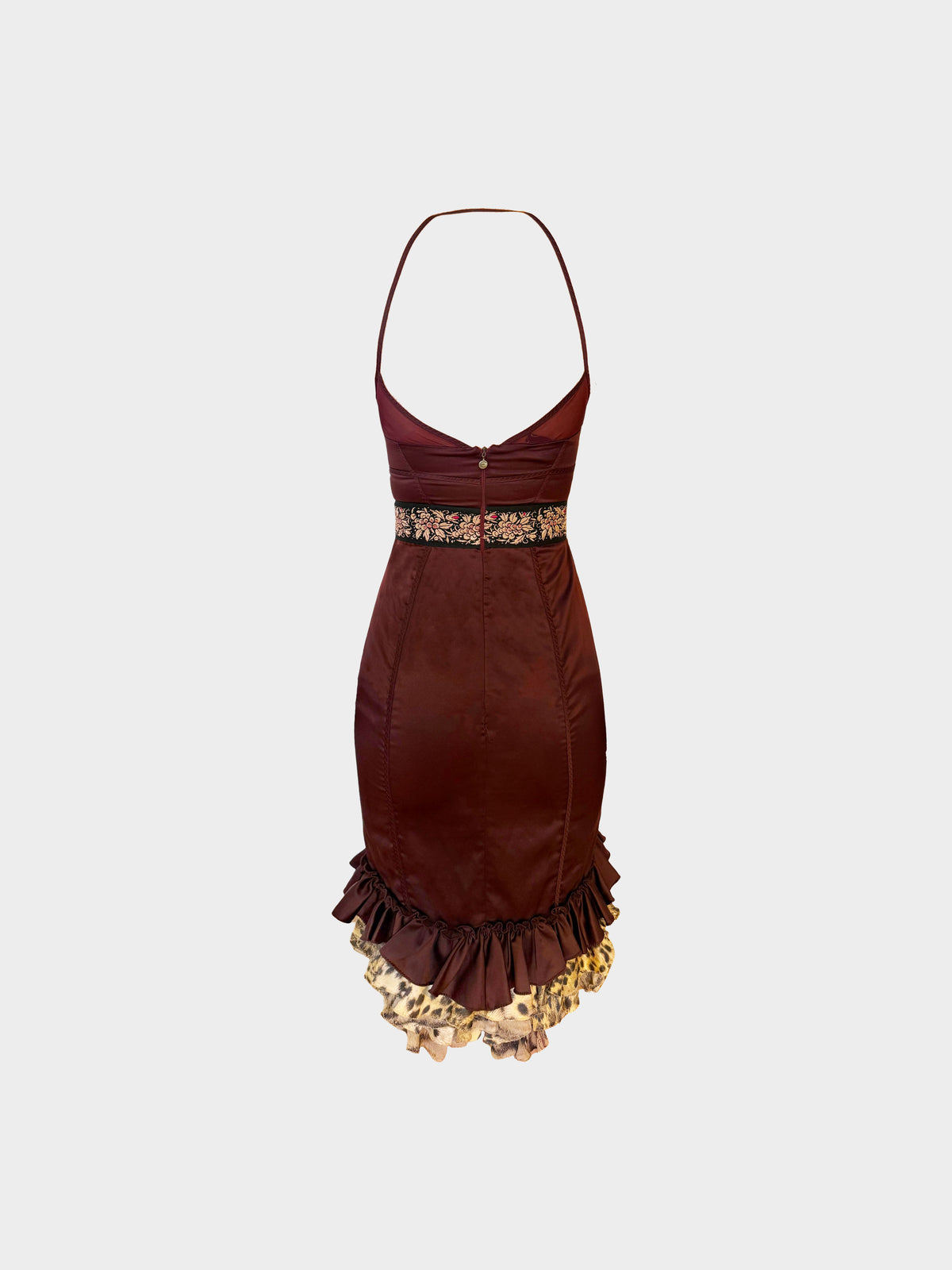 Roberto Cavalli 2000s Burgundy Silk Ruffled Hem Bustier Dress