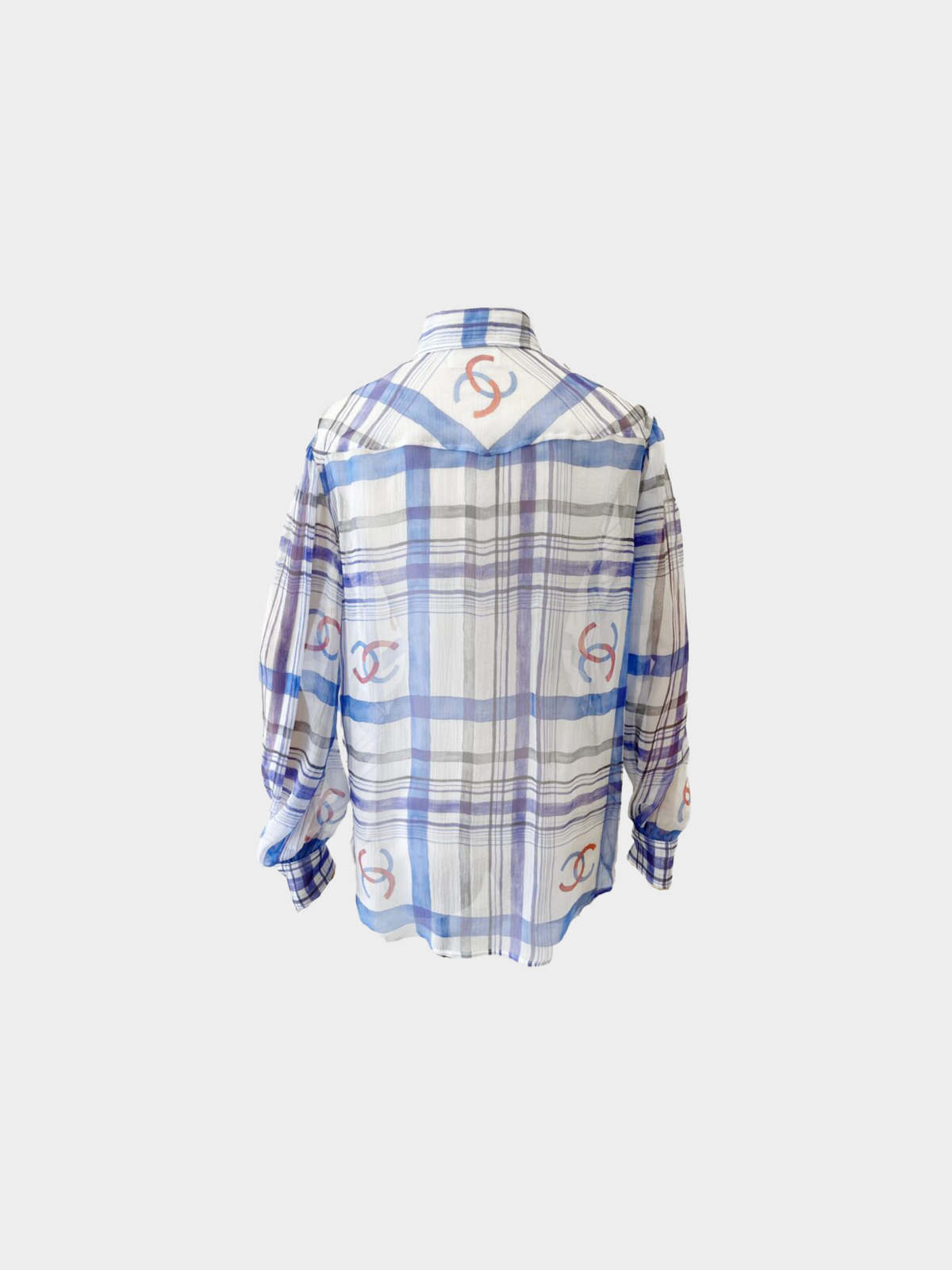 Chanel 2023 Blue White Plaid Silk Chiffon Button Down Shirt