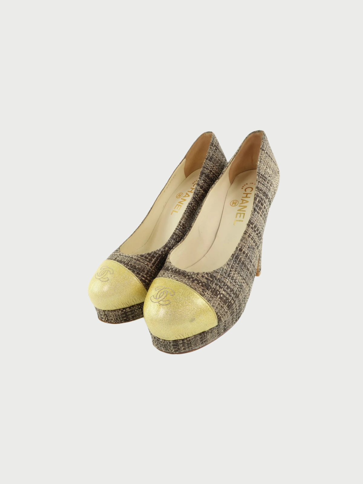 Chanel 2000s Gold Brown Patent Leather Jute High Heel Pumps