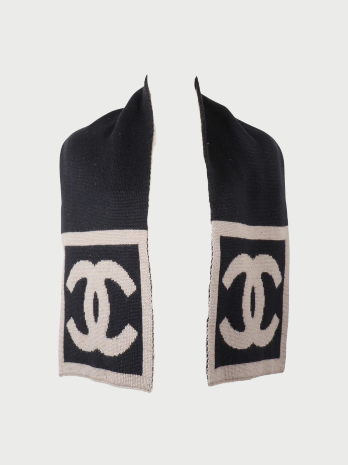 Chanel 2000s Black Gray Wool Silk Cashmere Coco Mark Muffler