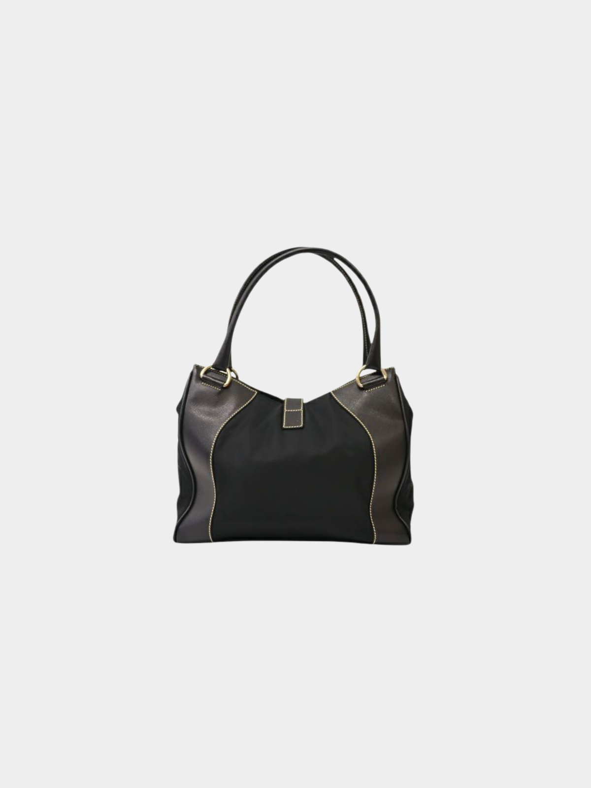 Prada 2000s Black Triangle Logo Nylon Stitch Leather Tote Bag