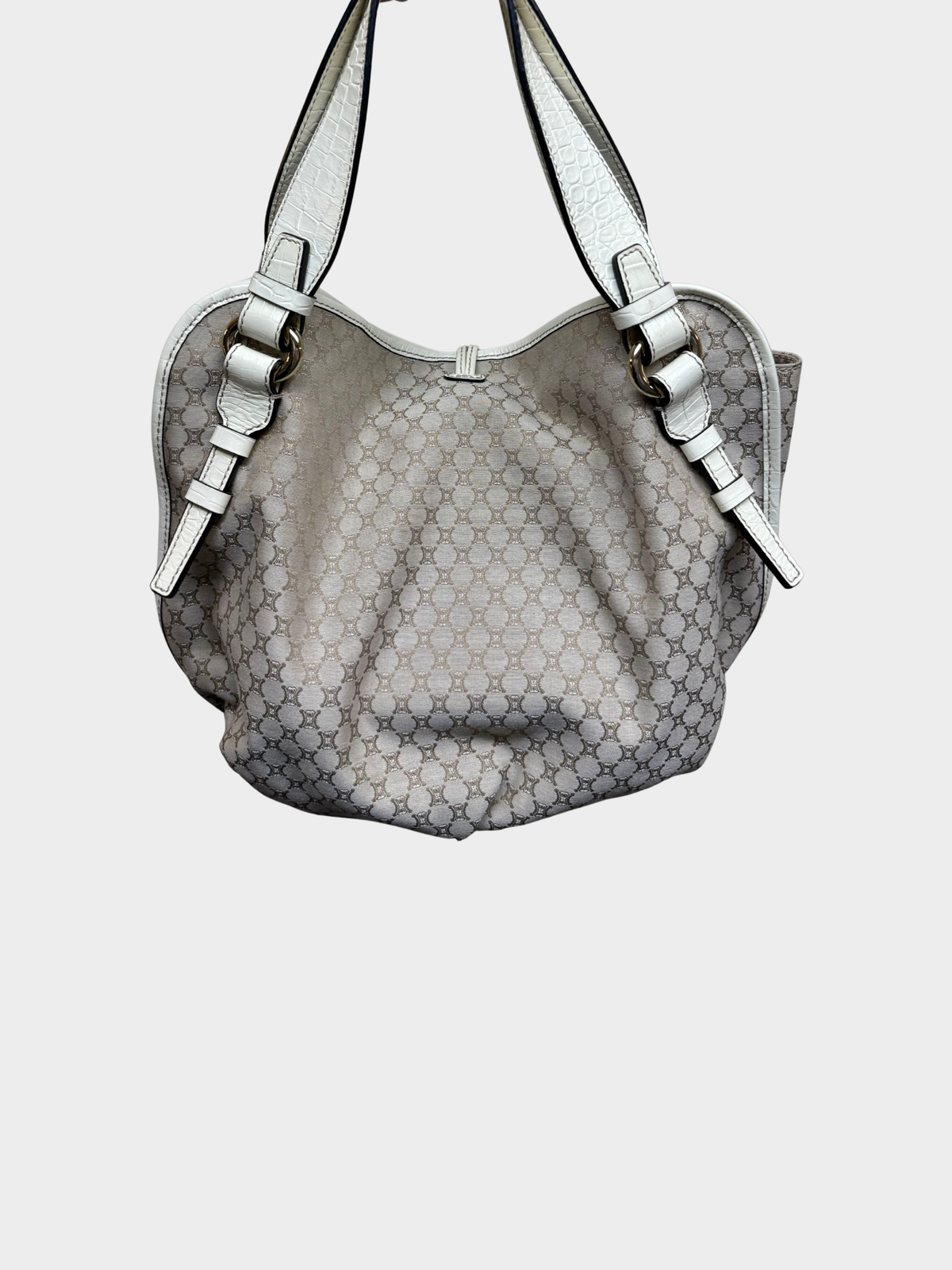 Celine 2007 Beige Macadam Canvas Croc-Embossed Bittersweet Hobo Bag