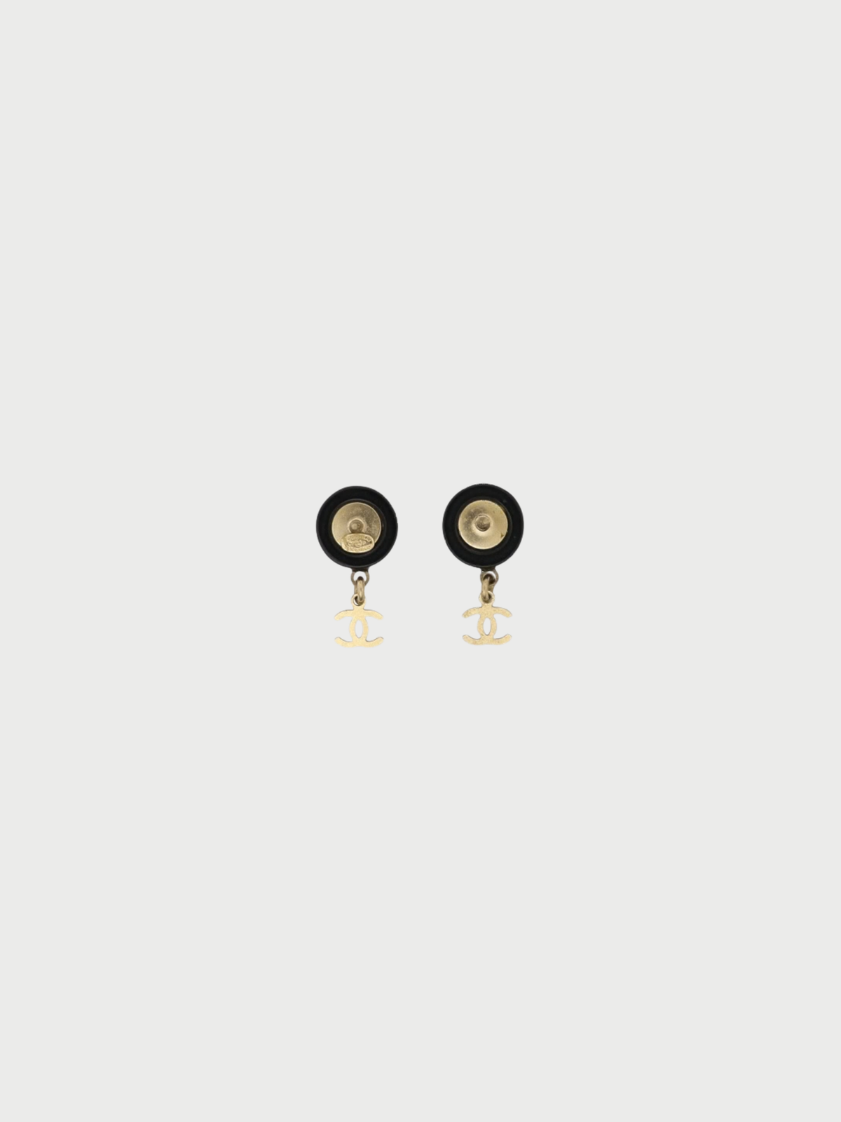 Chanel 2007 Gold Black Plated Metal Plastic COCO Round Swing Earrings