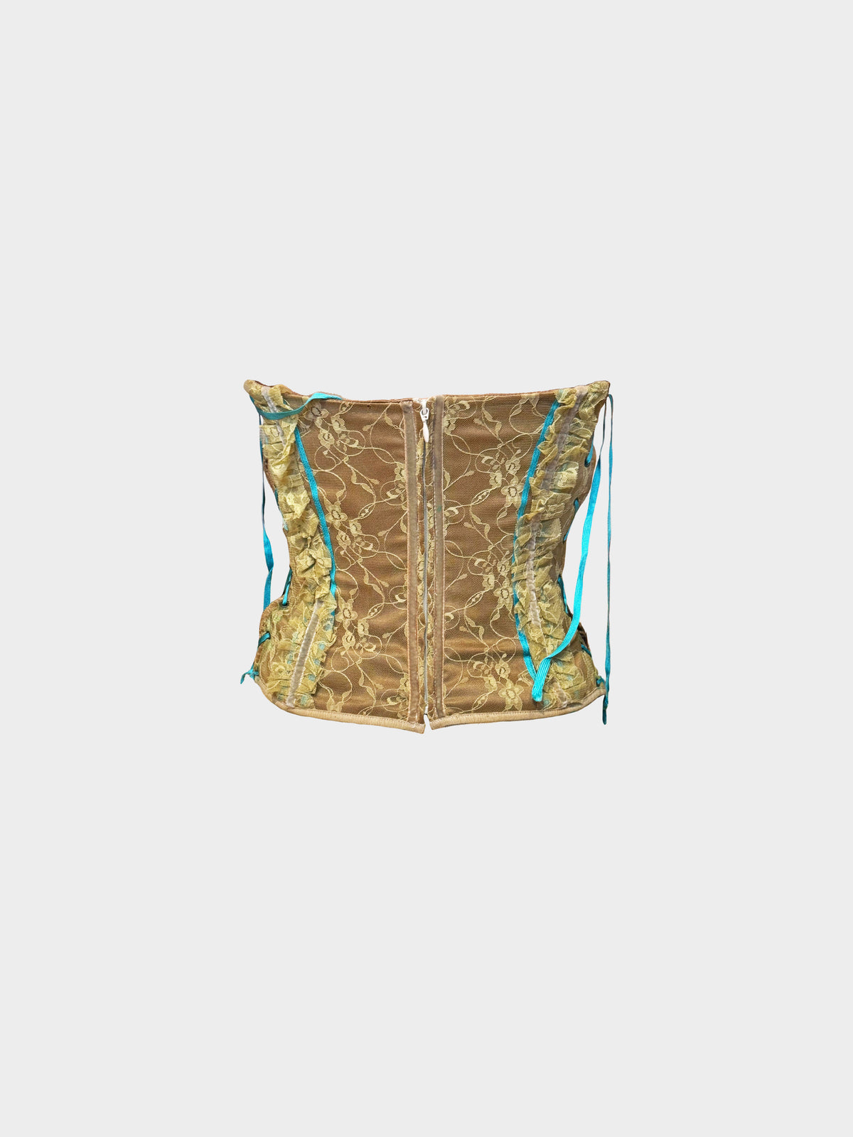 Dolce and Gabbana SS 2002 Runway Brown and Turquoise Lace Corset Top