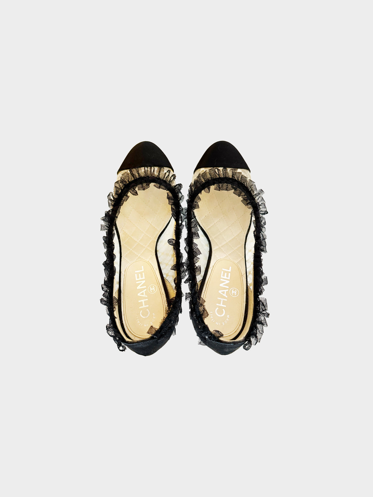 Chanel 2012 Ivory and Black Ruffled Lace Pumps