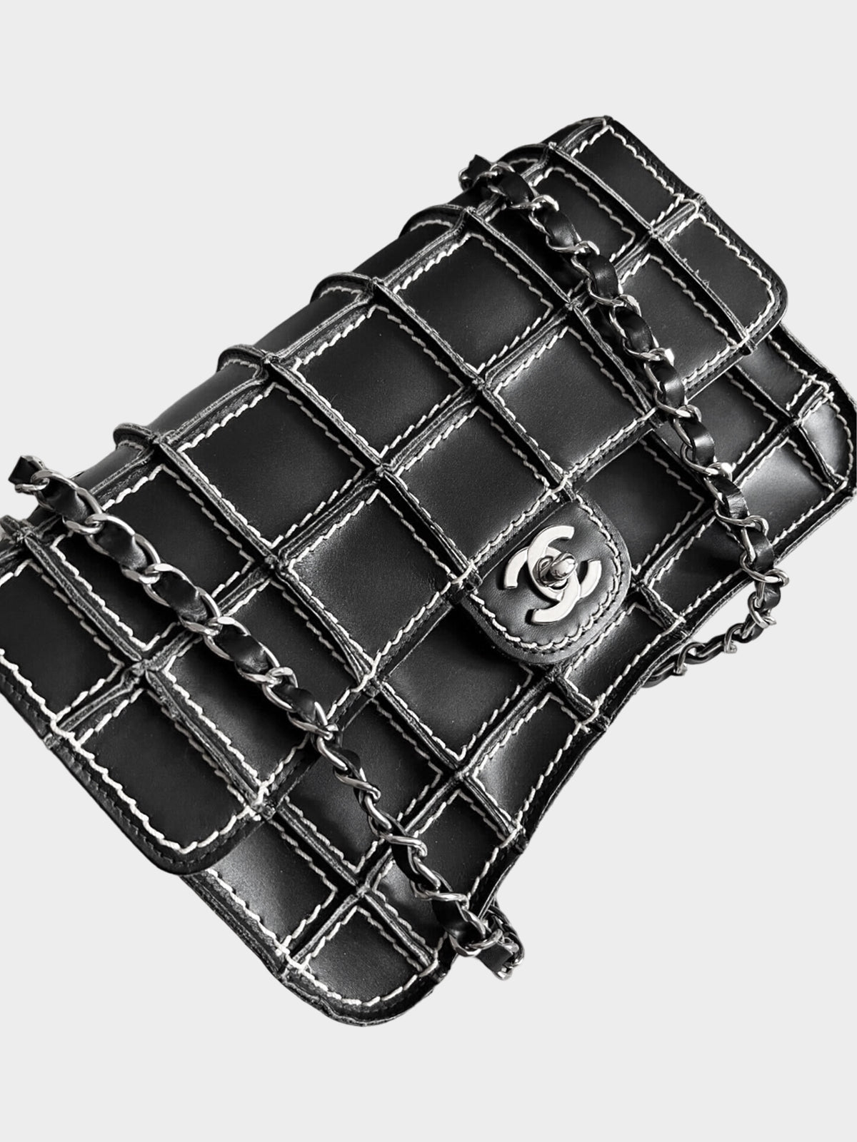 Chanel 2002-2003 Black Lambskin Square Wild Stitch Flap