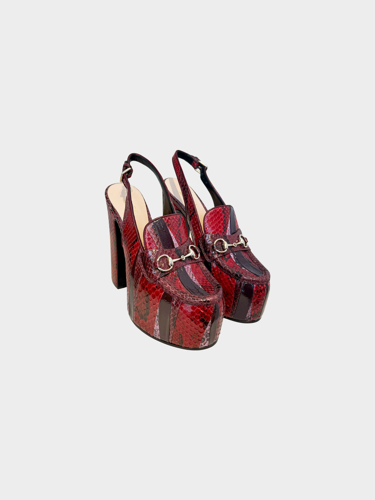 Gucci Fall 2024 Runway Red and Black Python Horsebit Platform Slingback Pumps