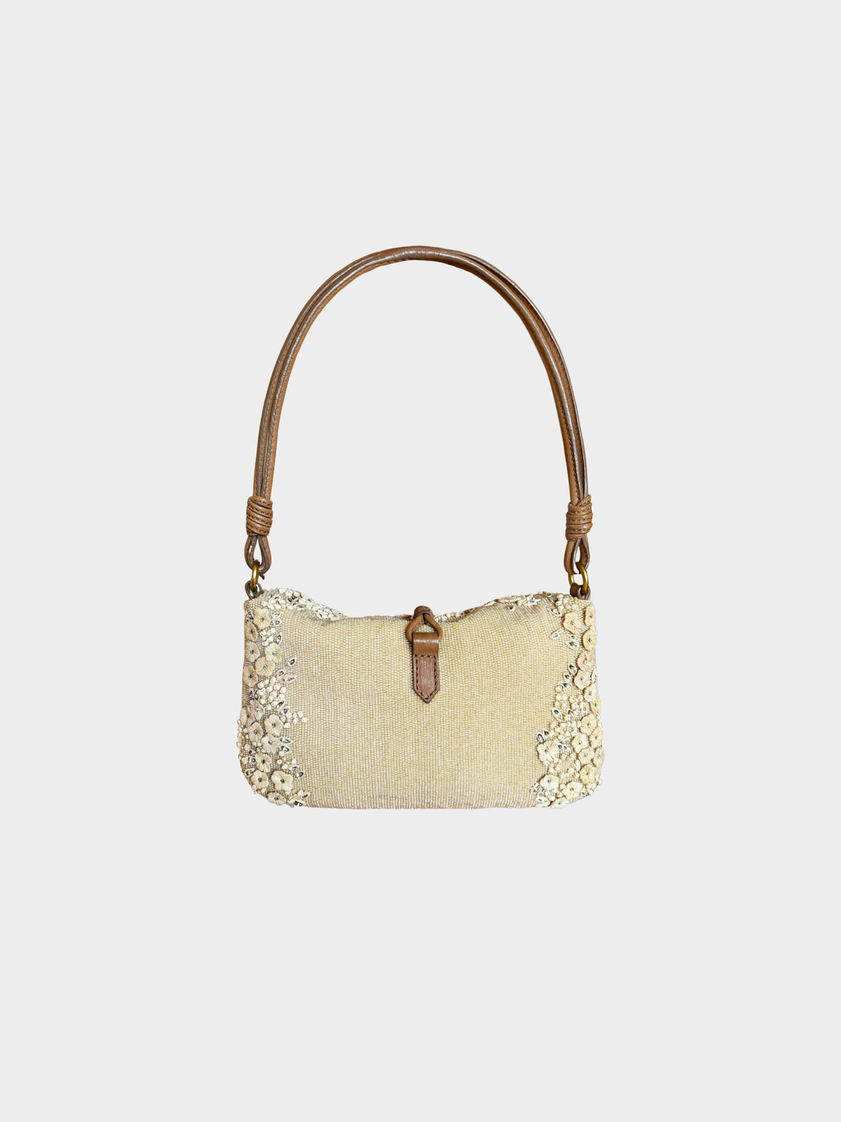 Valentino 2000s Beige Floral Beaded and Embroidered Satin Evening Shoulder Bag
