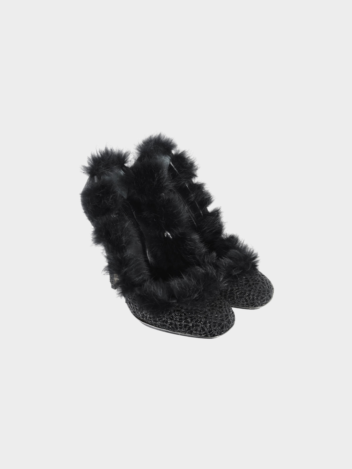 Christian Dior by John Galliano 2000s Black Glitter Fur Trim Heels