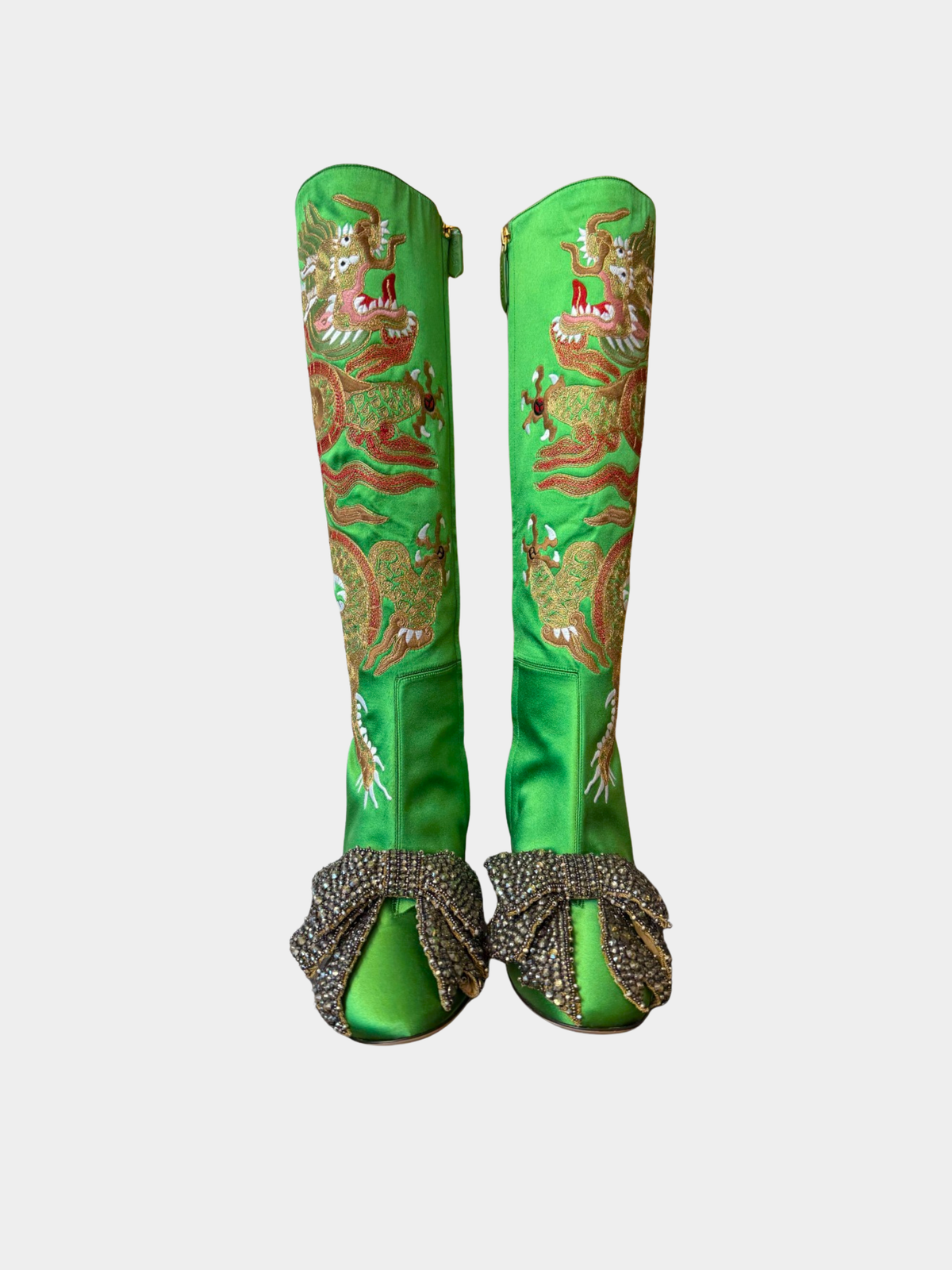Gucci 2017 Green Dragon-Embroidered Satin Knee-High Boots
