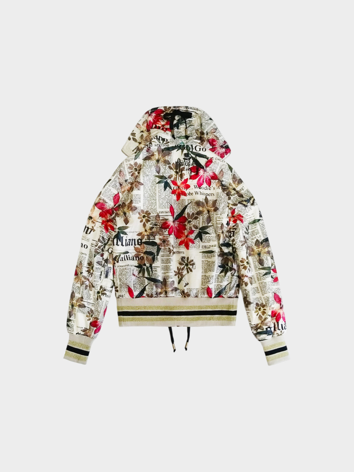 John Galliano 1990s Floral and Gazette Newspaper Print Jacket