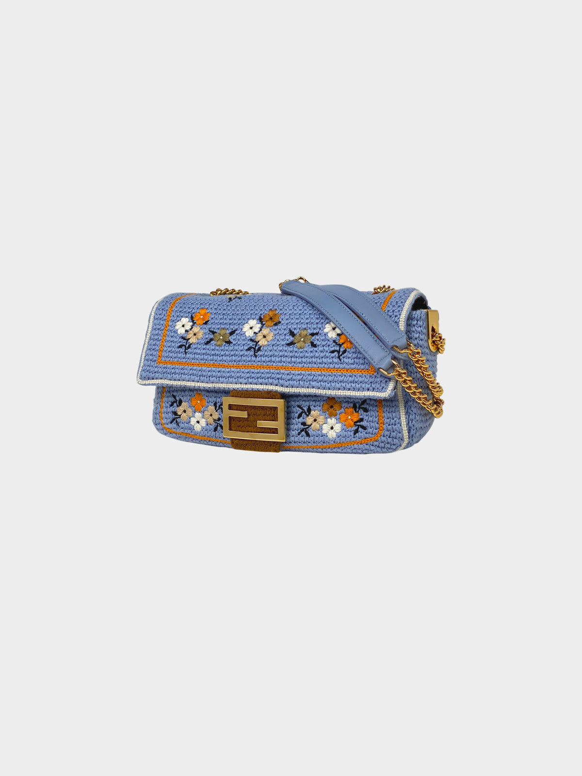 Fendi 2021 Light Blue Wool Knit Floral Embroidered Baguette Bag