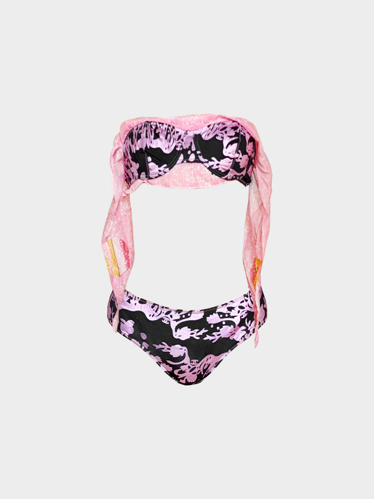 Chanel SS 2005 Karl Lagerfeld Rare Black and Pink Floral Bikini and Terrycloth Cropped Blazer Set