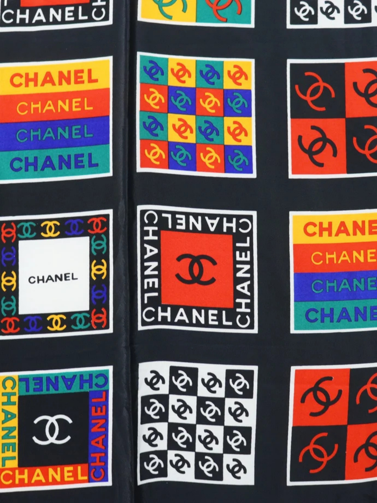 Chanel 2000s Black Multicolor Silk Pop Art Logo Scarf