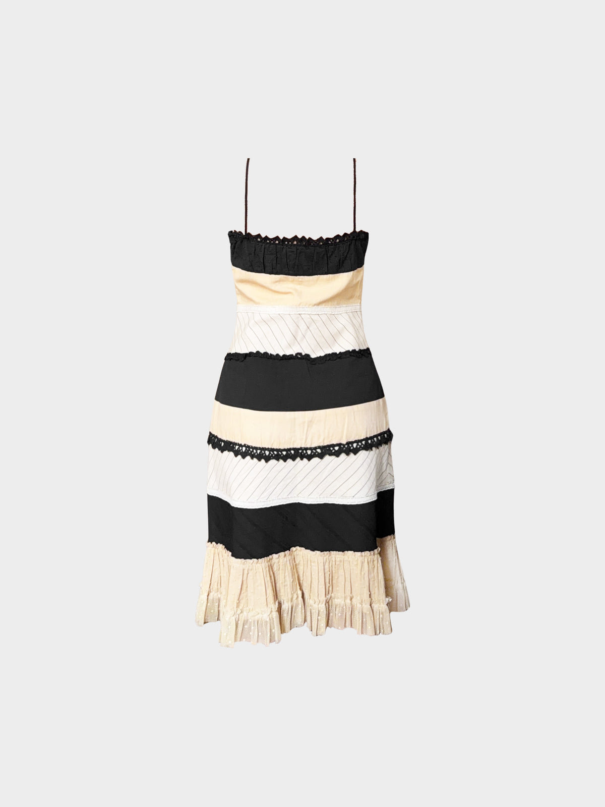 Moschino SS 2003 Black and Beige Lace and Stripe Midi Dress
