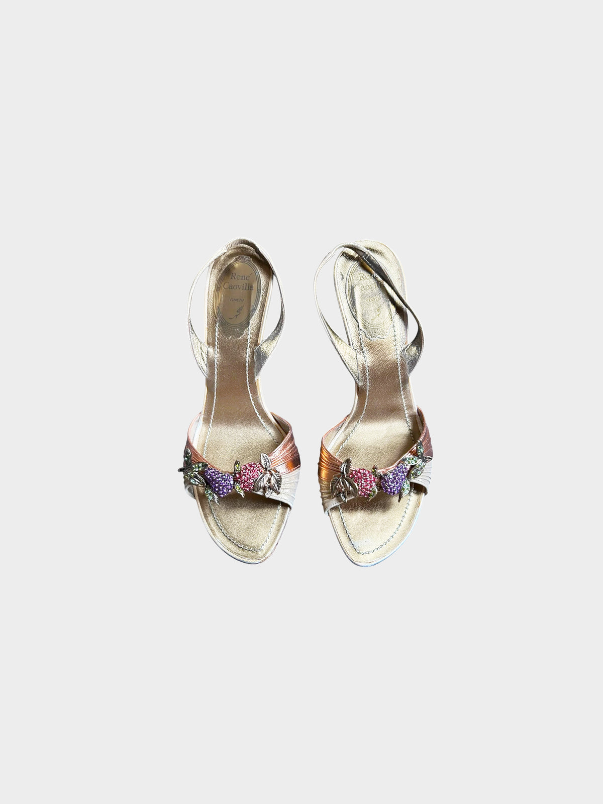 René Caovilla 2000s Rare Metallic Leather Jeweled Berry Motif Heels