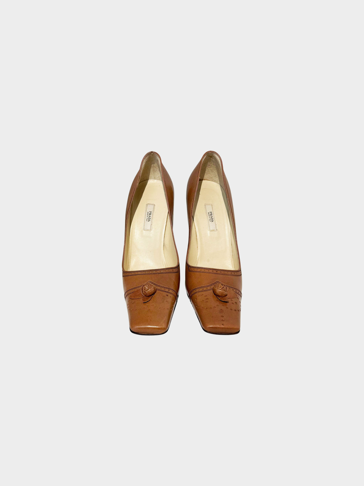 Prada 1990s Brown Leather Rose-detail Square-toe Heels