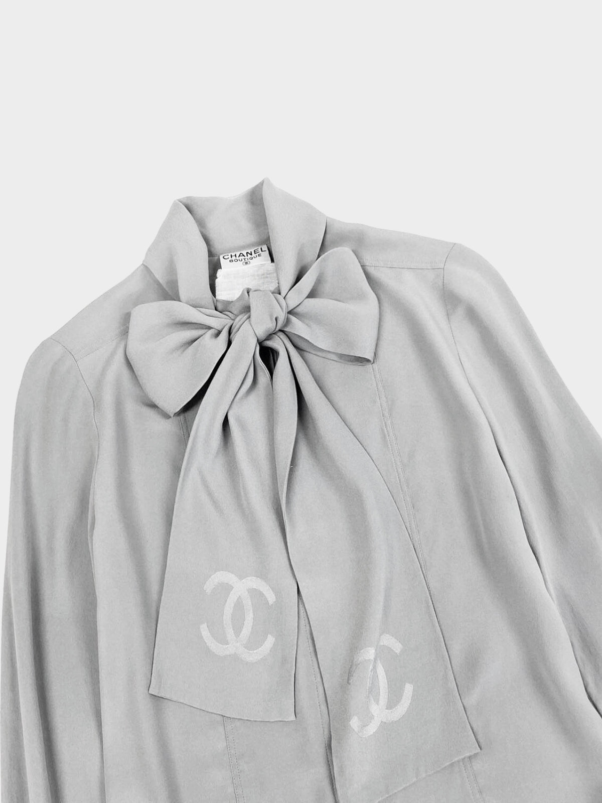 Chanel 1980s-1990s Grey Silk CC Ascot Blouse
