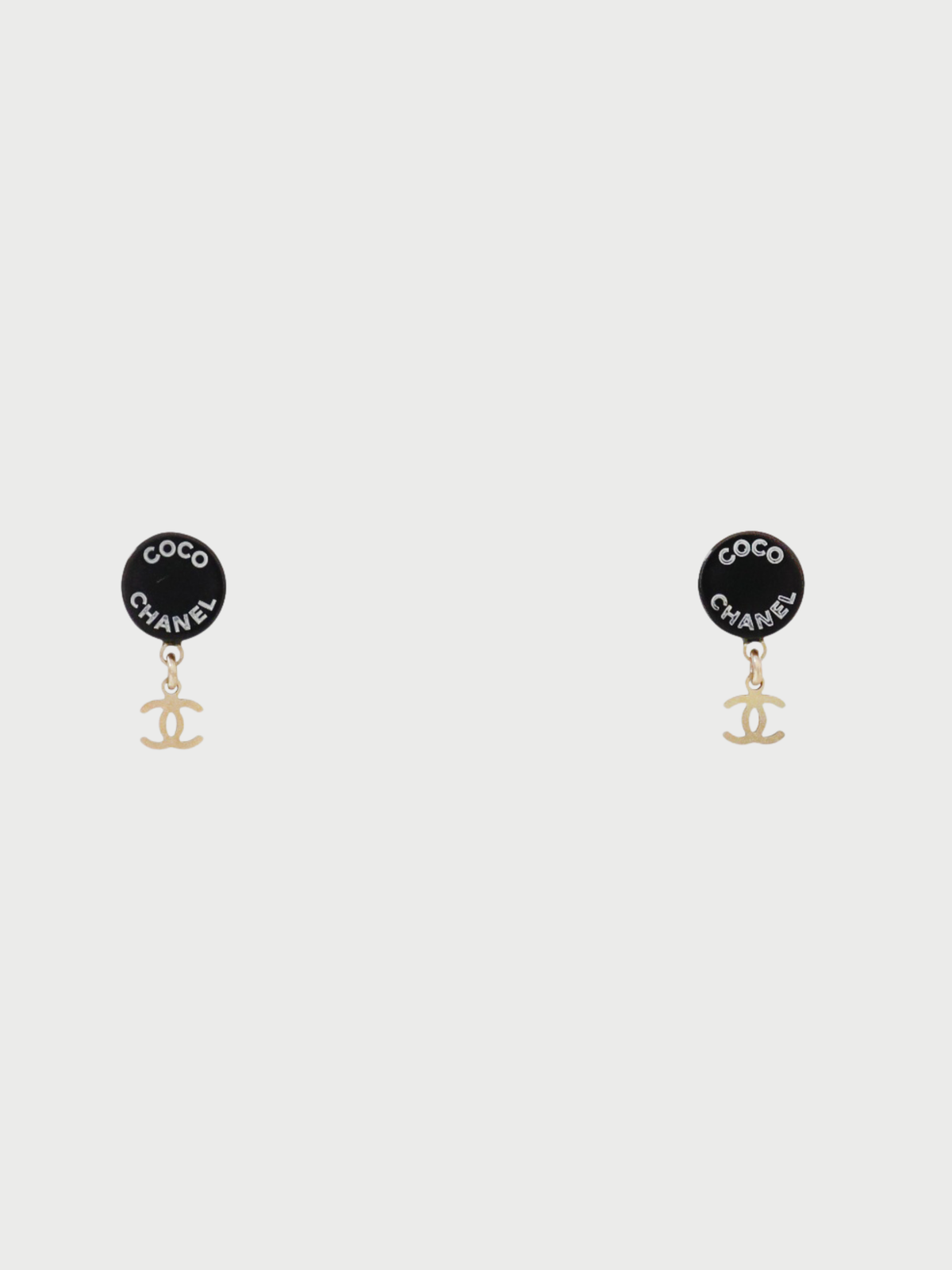 Chanel 2007 Gold Black Plated Metal Plastic COCO Round Swing Earrings