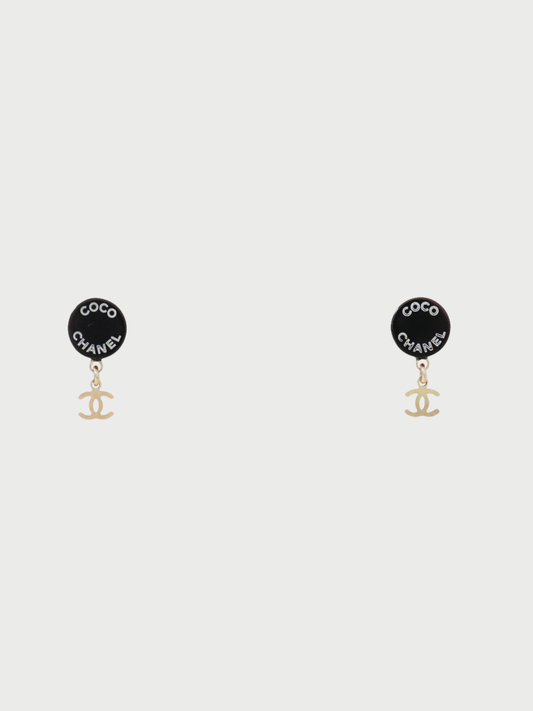 Chanel 2007 Gold Black Plated Metal Plastic COCO Round Swing Earrings