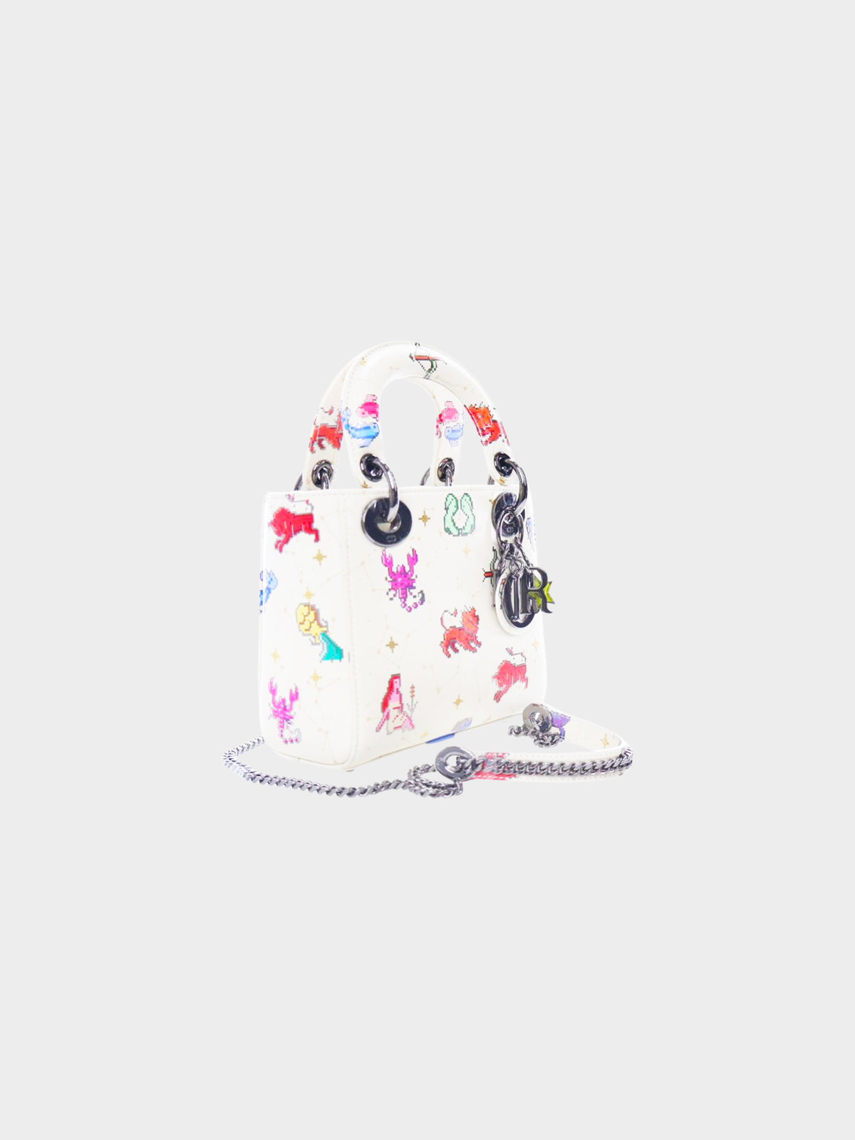 Christian Dior 2022 White and Multicolor Zodiac Pixel Print Mini Lady Dior 2-Way Hand Bag