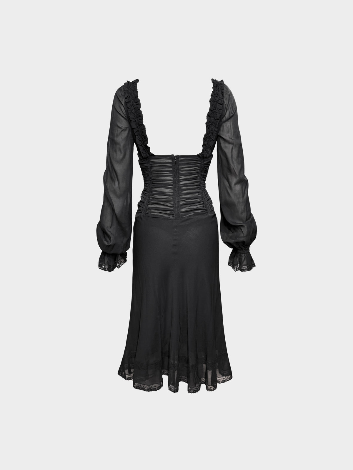 Dolce and Gabbana SS 2002 Black Silk Ruffled Long-Sleeved Runway Sample Dress