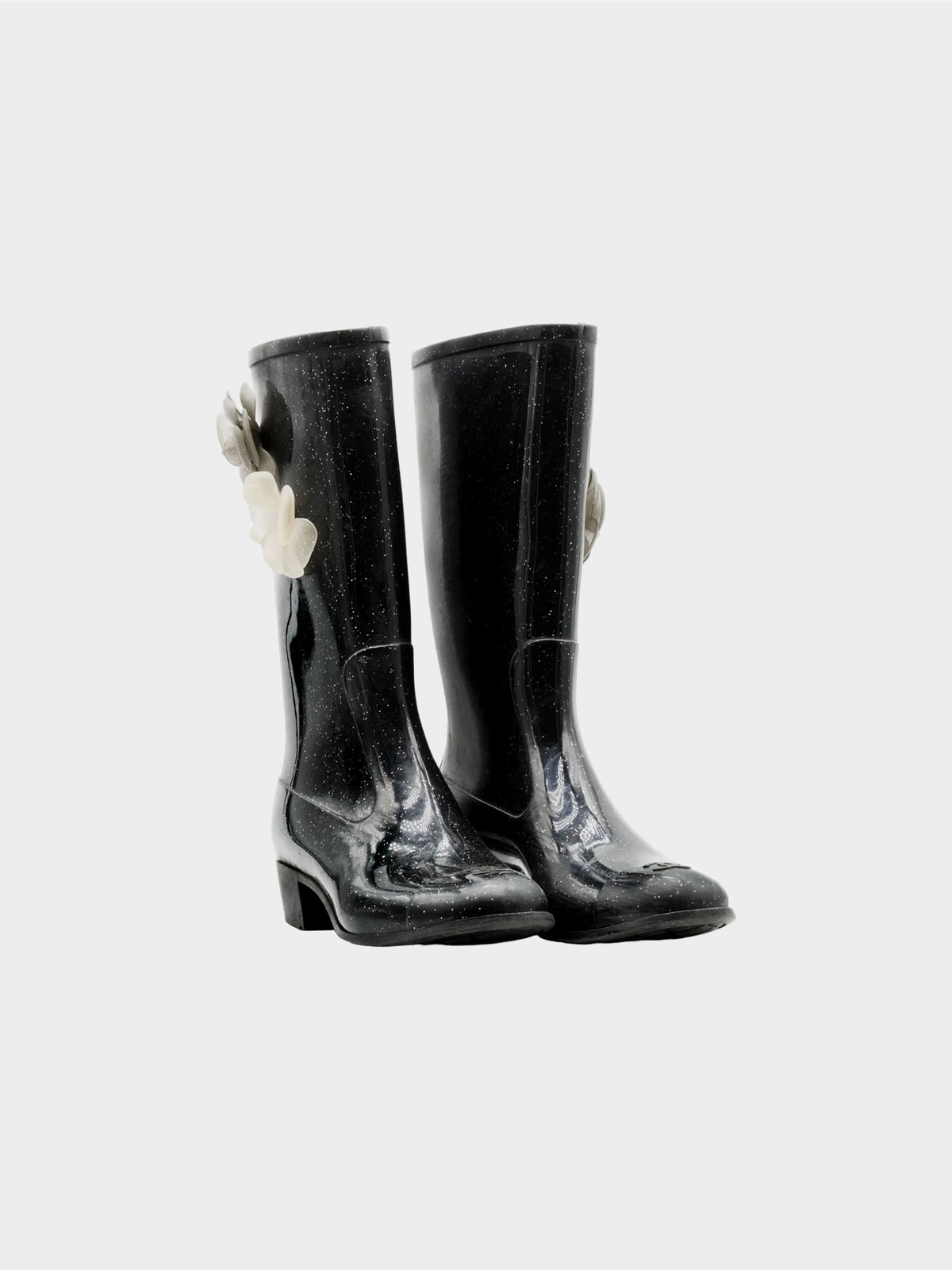 Chanel 2020 Black Glitter Rain Boots with Camellia Flowers
