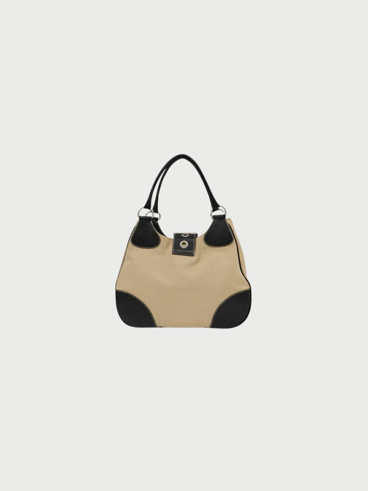 Prada 2000s Beige Black Triangle Logo Canvas Leather Handbag