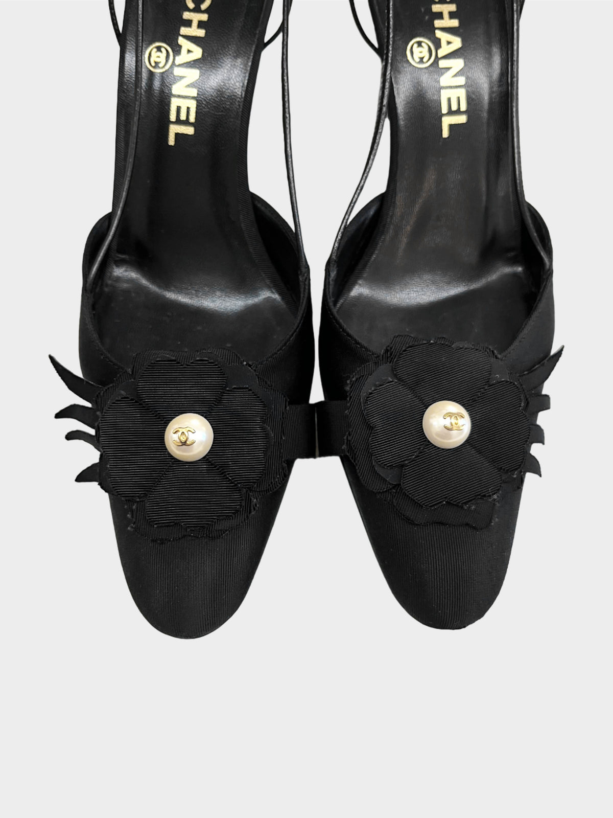 Chanel 2003 Black Grosgrain Camellia Slingback Heeled Mules