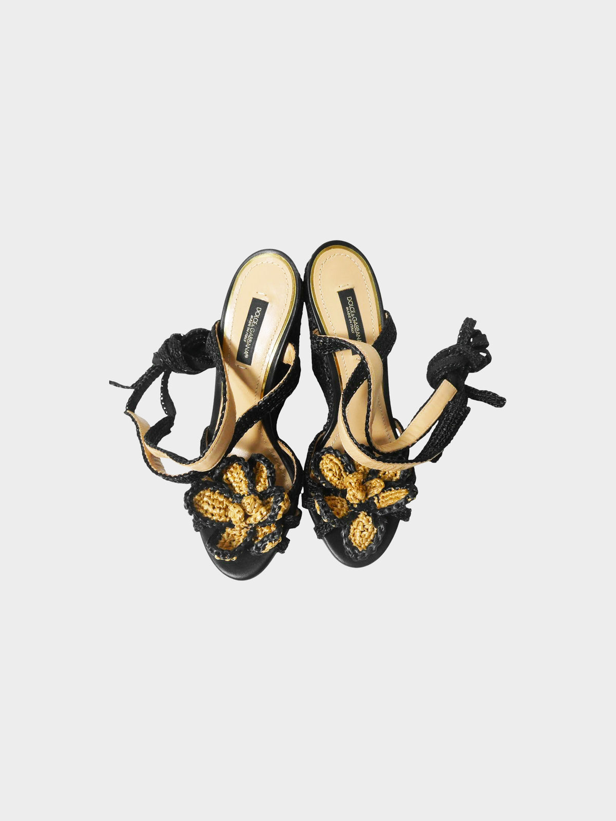 Dolce and Gabbana 2010s Black and Beige Raffia Flower Wedge Sandals