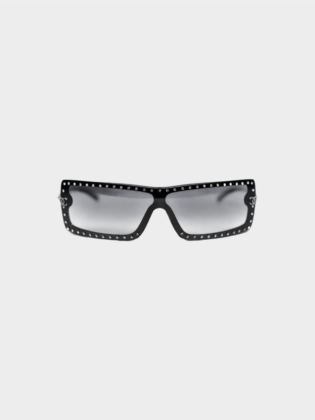 Chanel by Karl Lagerfeld 2000s Gradient Black Rectangular Rhinestone Studded Sunglasses