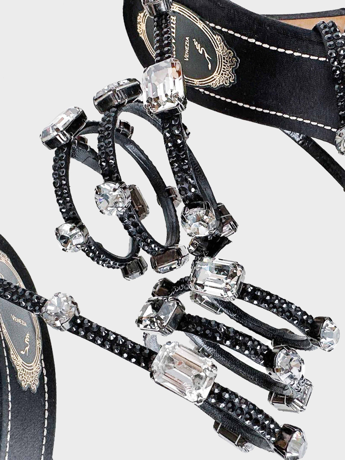 René Caovilla 2010s Black Satin Jeweled Heels