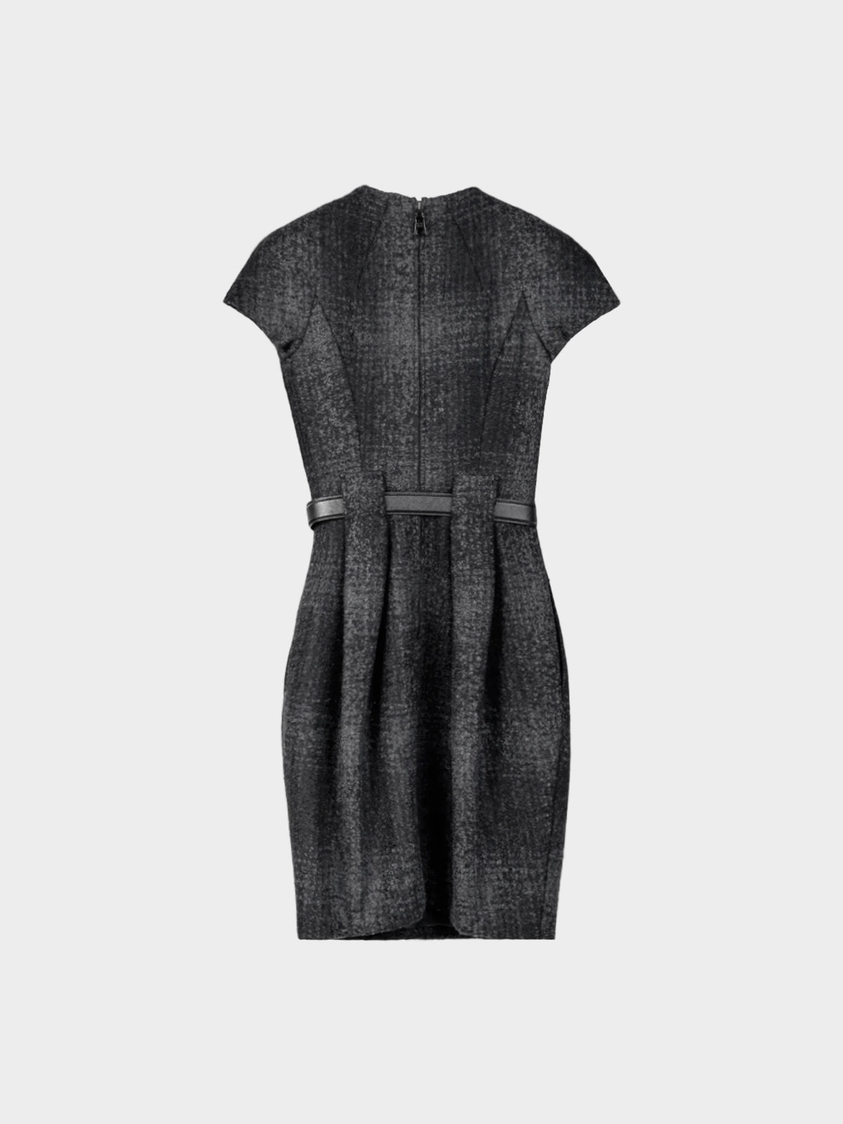 Prada 2009 Grey Tweed Belted Cap-Sleeve Dress