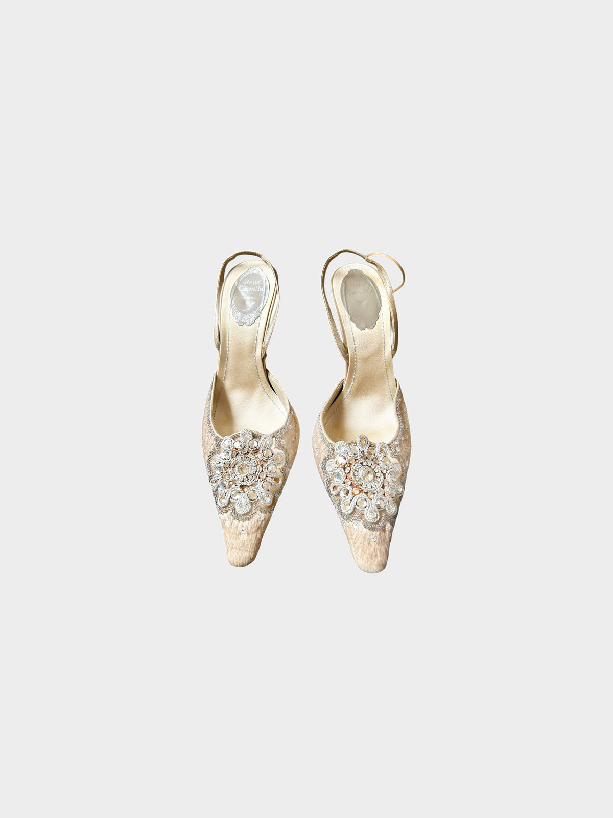 René Caovilla 2000s Rare Beige Pony Hair and Crystal Embroidery Slingback Pumps