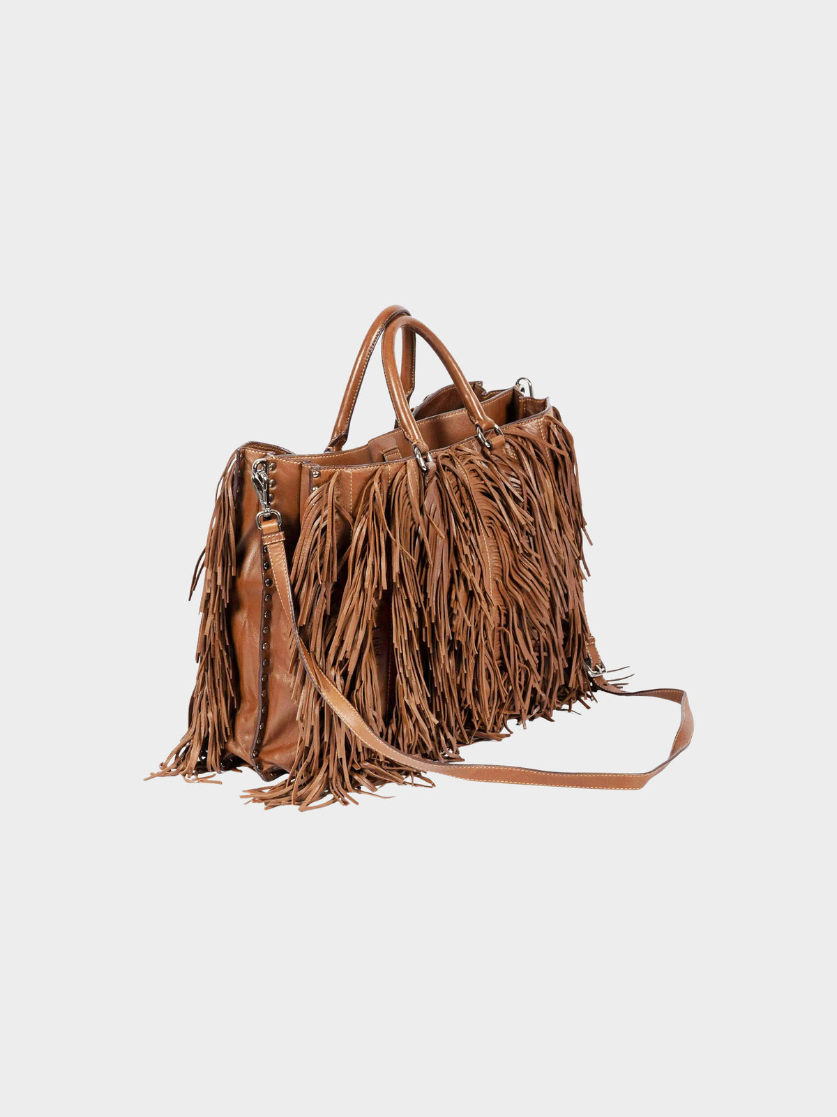 Prada 2006-2007 Brown Lambskin Leather Fringe Large Tote Bag