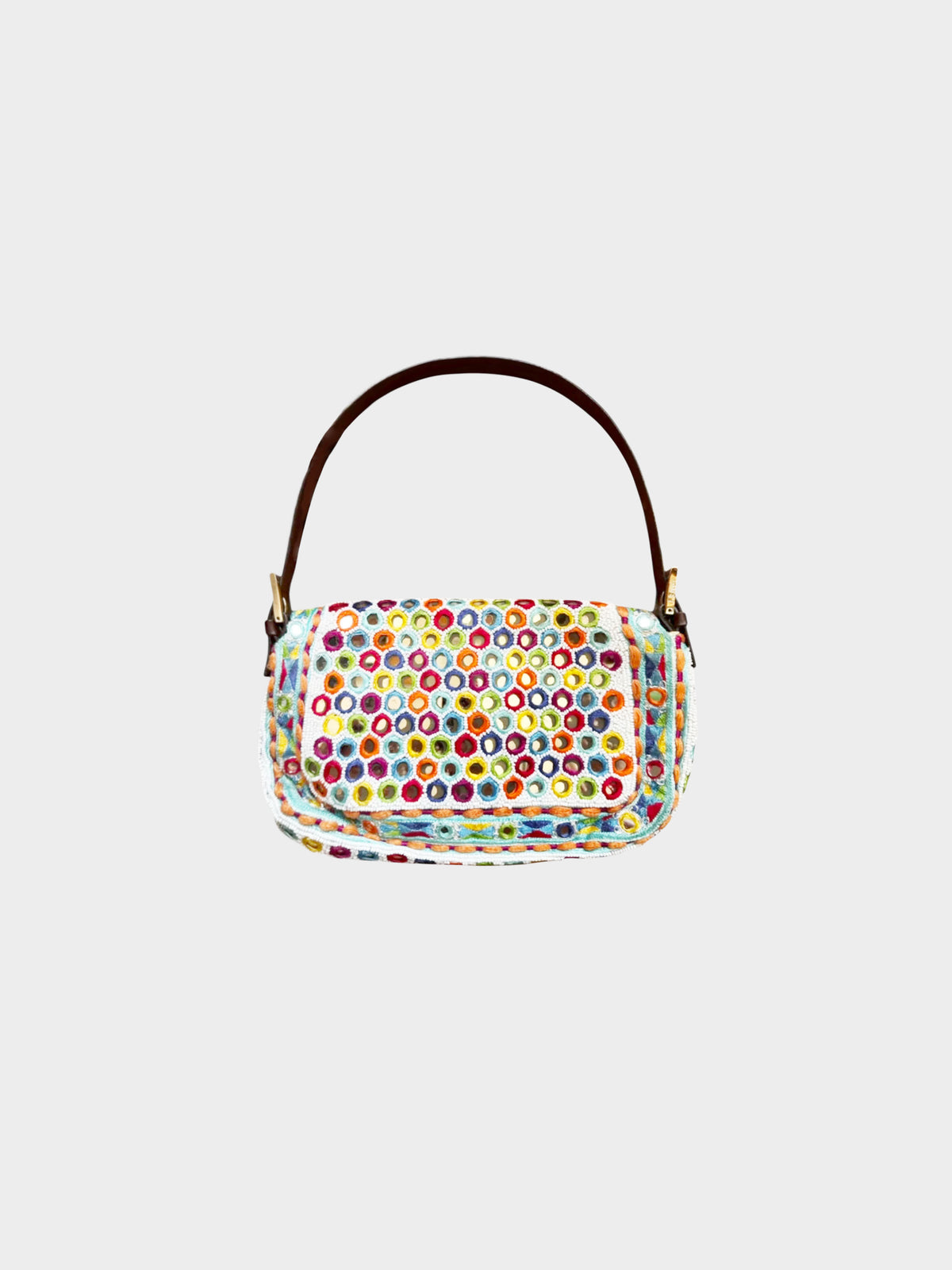 Fendi 1997 Rare Multicolor Specchietti Mirror and Pearl Embroidery Baguette Bag