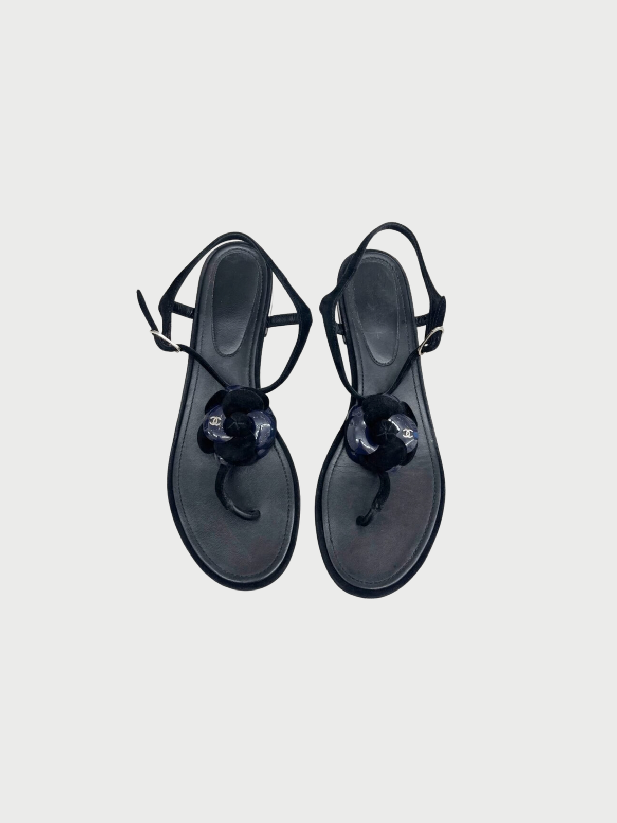 Chanel 2016 Black Suede Navy Patent Leather Camellia Thong Sandals