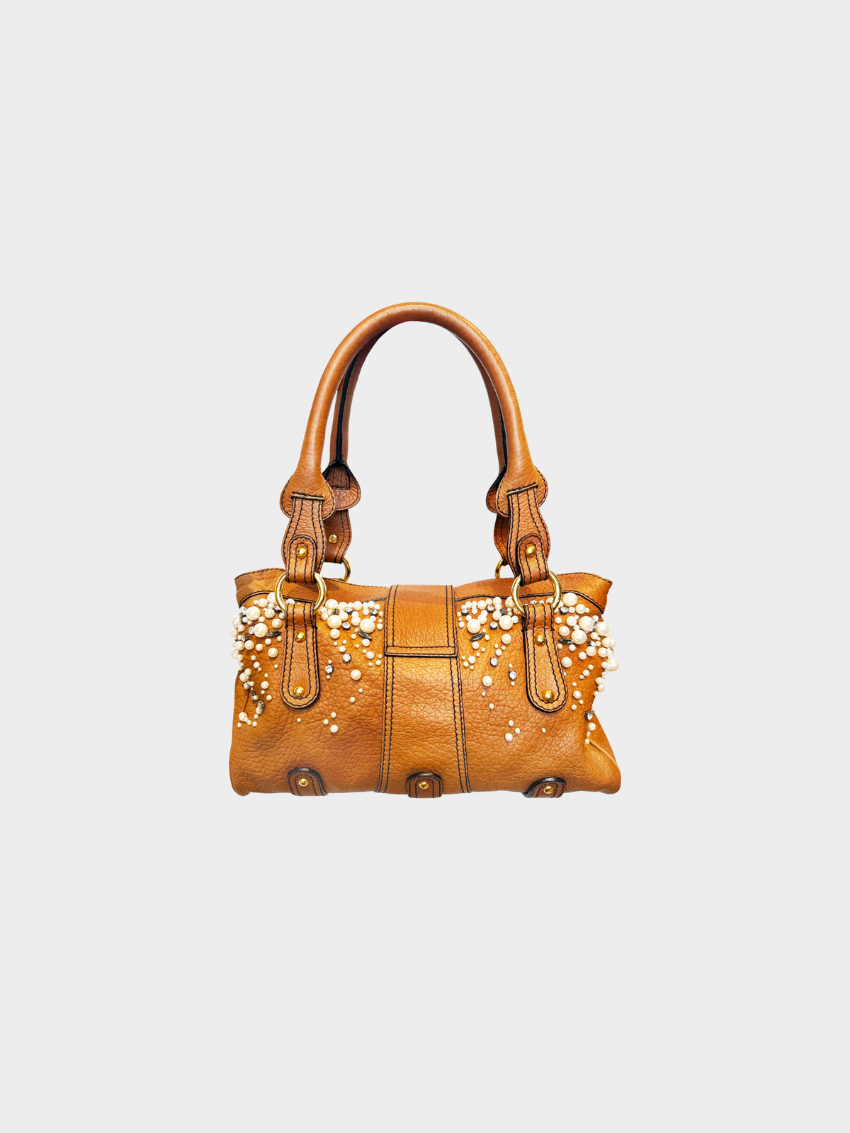 Valentino 2000s Brown Leather Pearl and Crystal Embellished Bag