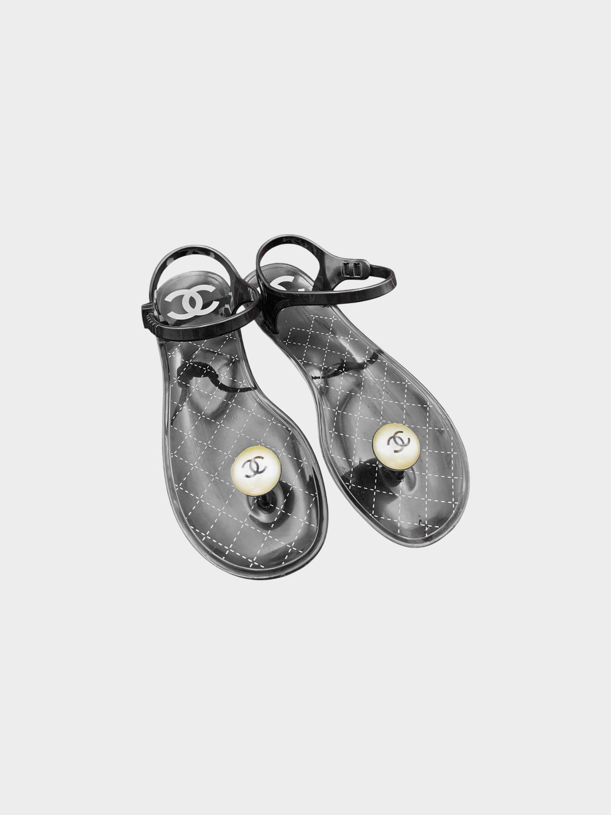 Chanel 2010 Black PVC Pearl Thong Sandals