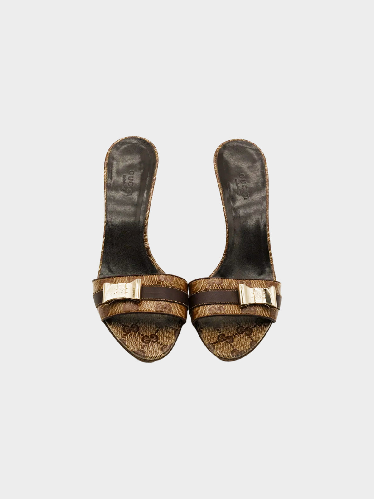 Gucci 2010s Brown GG Supreme Canvas Heeled Mules with Metal Bow