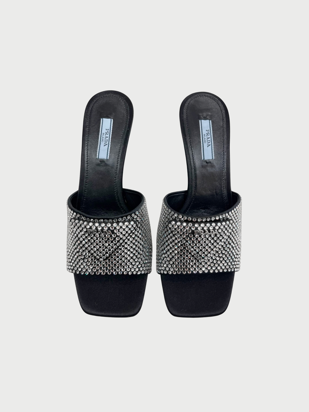 Prada 2020s Black Satin Crystal Triangle Logo Mules