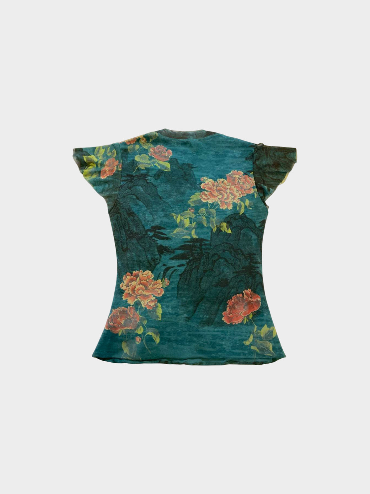 Vivienne Tam 1990s Archival Cut and Sew Floral Print Mesh Top