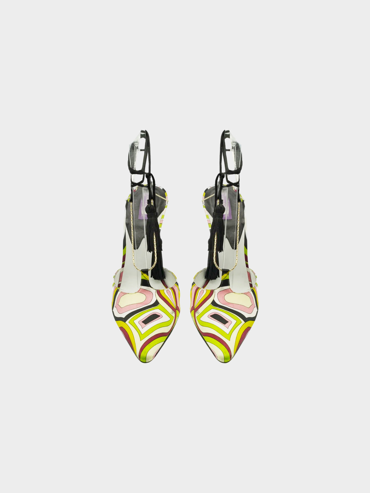 Emilio Pucci 2000s Silk Geometric Pattern Print Heels with Black Tassels