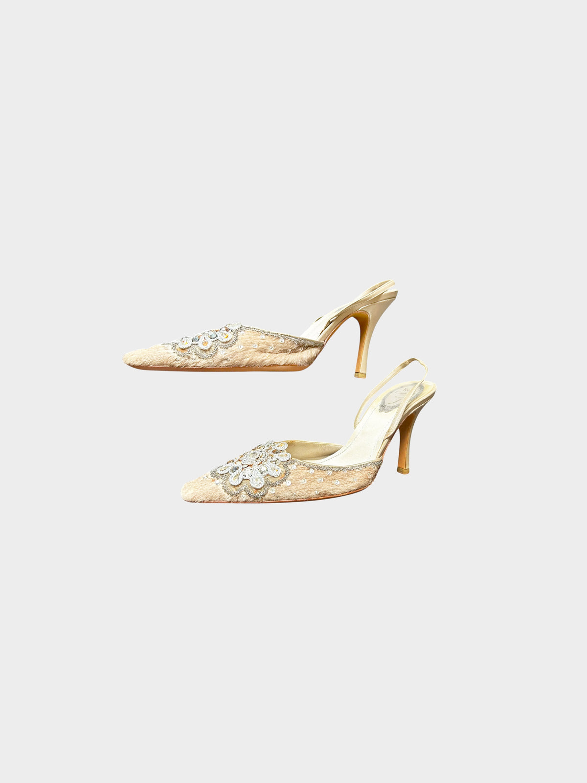 René Caovilla 2000s Rare Beige Pony Hair and Crystal Embroidery Slingback Pumps