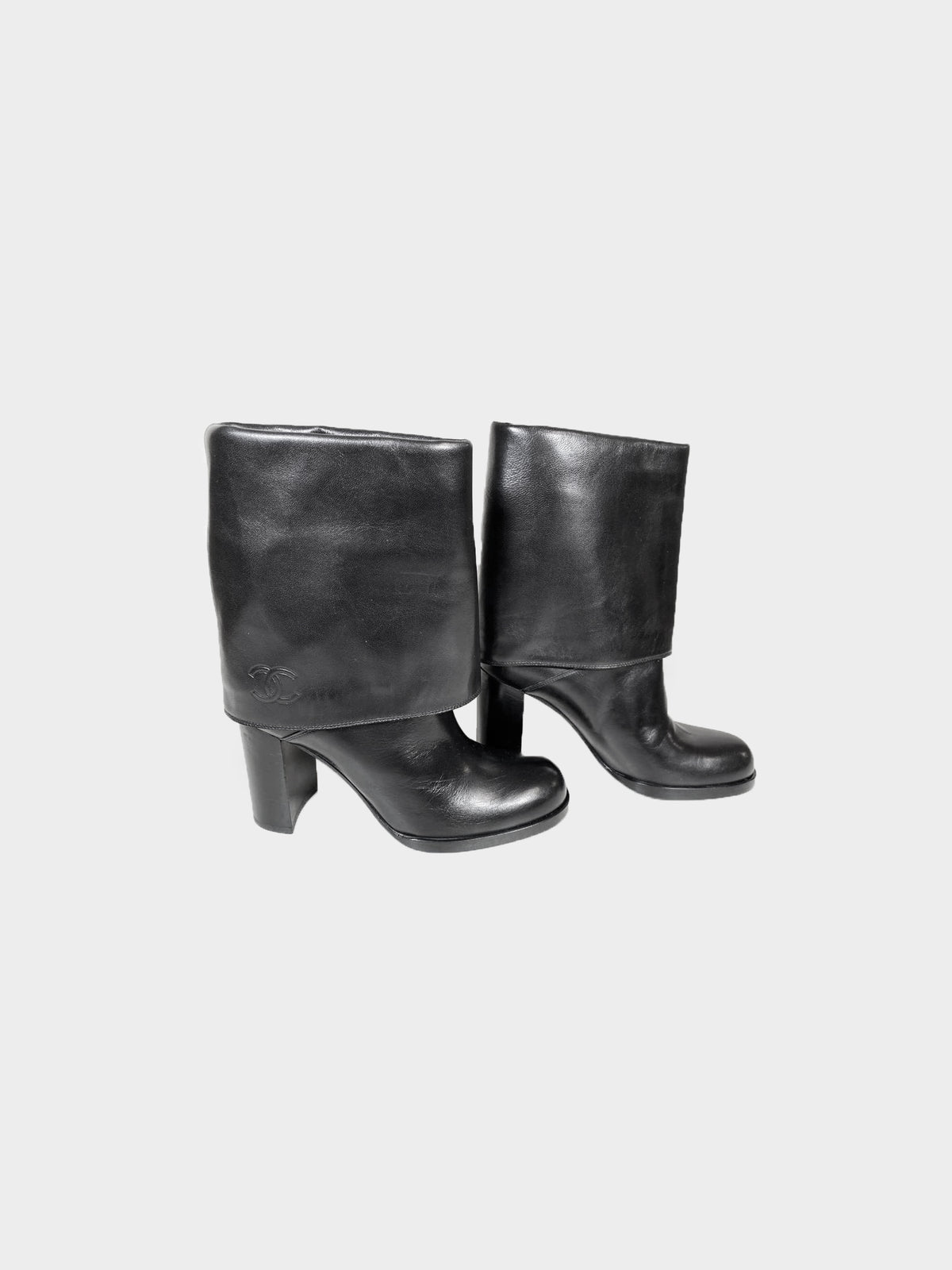 Chanel 2010s Black Leather Fold-over Heeled Short Boots