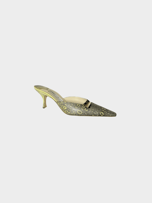 Jimmy Choo 2000s Black and Green Croc Animal Print Mule Heels